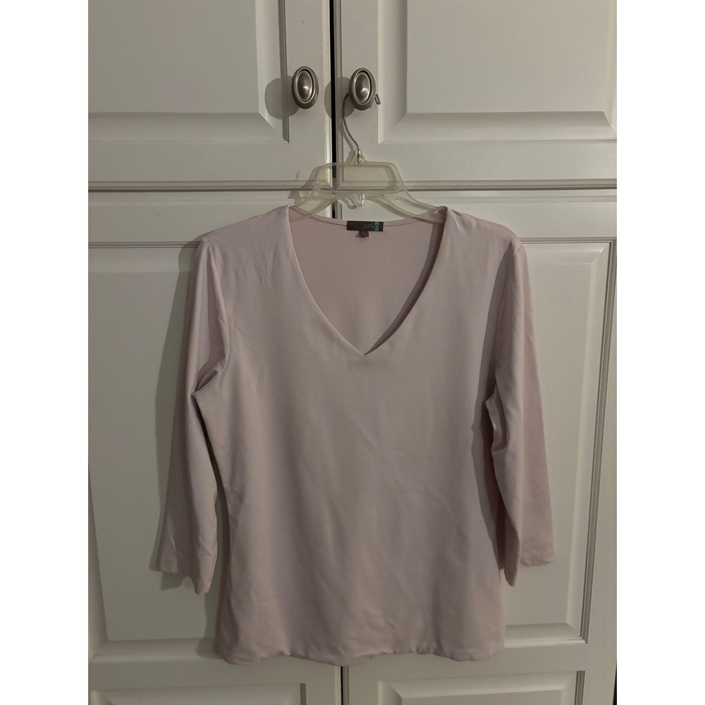 judypa V Neck 3/4 Sleeve‎ Top Light Pink Solid Basic Casual Women's Size L